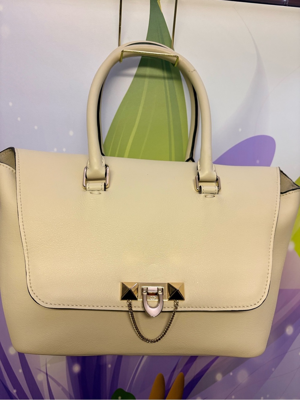Cream Structured Top-Handle Satchel Bag